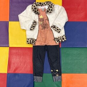 3T Litte Lass Leopard Print Faux Fur Jacket and Graphic Tee Set